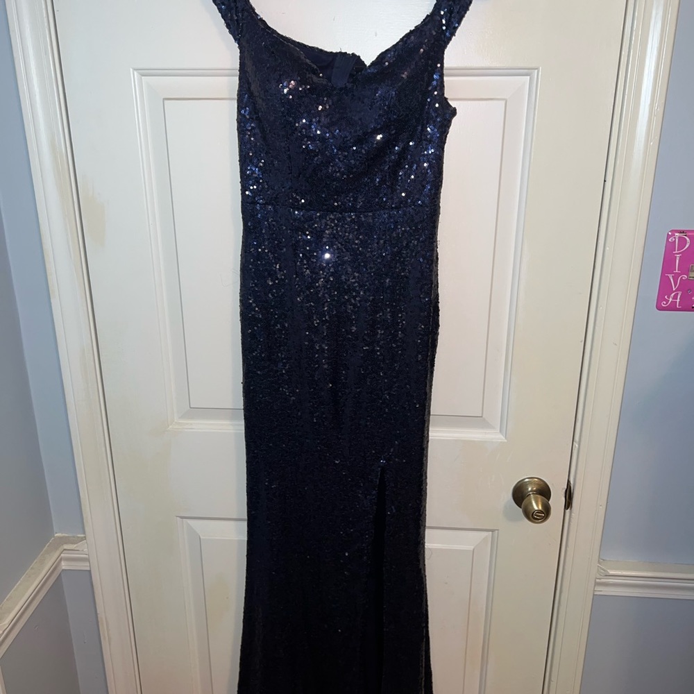 Long navy sequin formal dress